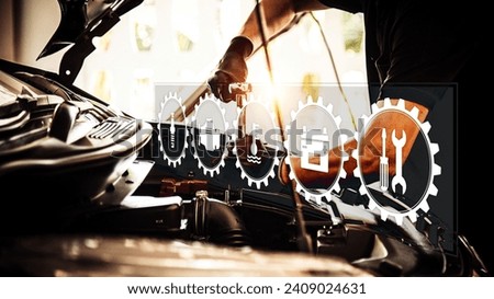 Close-up hand auto mechanic using the wrench to repairing car engine problem. Concepts of check and fix car and maintenance servicing. Royalty-Free Stock Photo #2409024631