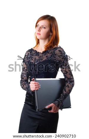 Business woman with laptop computer isolated on white background
