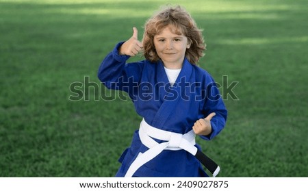 Kid boy exercising karate kataoutdoor. Sport karate kids. Little boy wearing kimono doing karate in park. Sport child with boxing gloves training box. Little fighter. Martial arts kids. Kids sport. Royalty-Free Stock Photo #2409027875