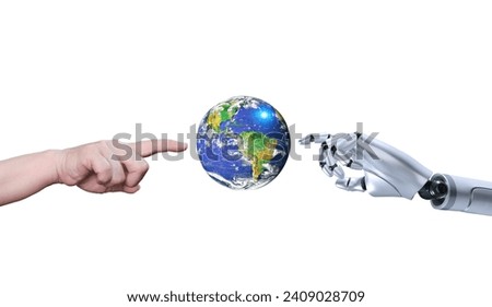 Human and Robot Hand Touching Earth planet Isolated on White background with Clipping Path, 3d rendering, Elements of this image furnished by NASA
