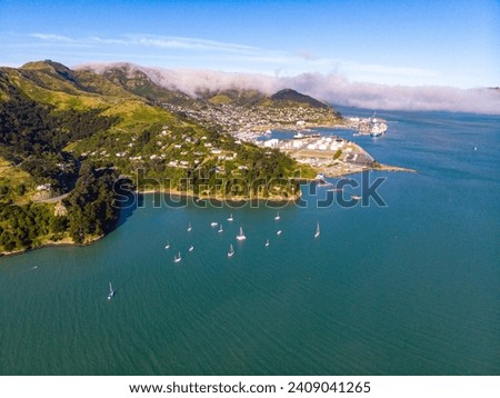 aerial panorama of lyttelton, famous harbour near christchurch in new zealand south island, canterbury