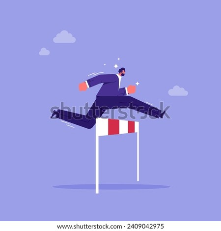 Overcome obstacles and success concept, obstacles or motivation to solve problem and lead company achievement, businessman jumping over hurdle race obstacle Royalty-Free Stock Photo #2409042975