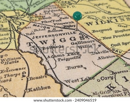 Twiggs County, Georgia marked by a green tack on a colorful vintage map. The county seat is located in the city of Jeffersonville, GA.