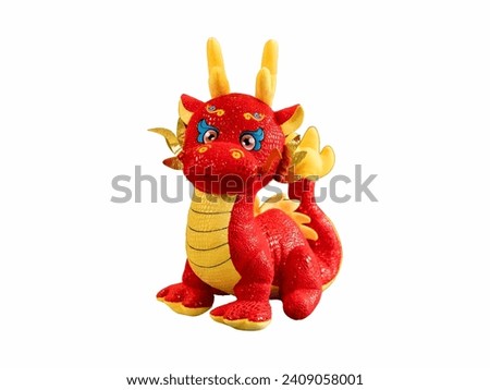 Vibrant Mythical Majesty. Red and Yellow Dragon Stuffed Toy Evoking Power and Prosperity Against a Clean White Background
