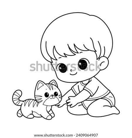 Cute Little Boy Playing With Cute Cat, Drawing Coloring Book Page