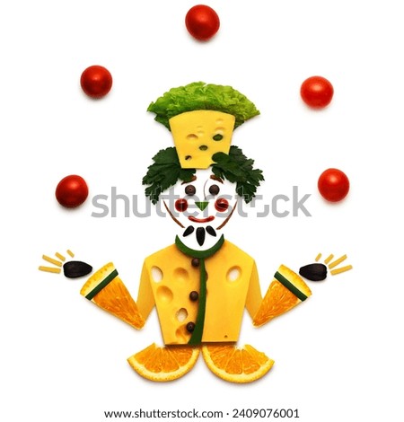 Creative food concept of a funny cartoon chef made of vegetables on white background.