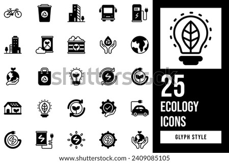 Ecology Glyph Icon Set. Containing efficiency, conservation, environmental, factory, eco, electricity, earth, control, power, electric, charge, ecology, bus, bicycle, bag, energy, bulb, light.