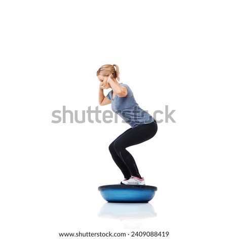 Woman, profile and squat with workout, ball or balance for legs, muscle development or studio by white background. Person, exercise and training for strong healthy body for vision, wellness or health