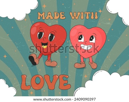 Retro, groovy cute cartoon couple heart character and cloud illustration, vintage texture vector art. print with motivational slogan for graphic card, tee t shirt, street wear, or poster sticker -