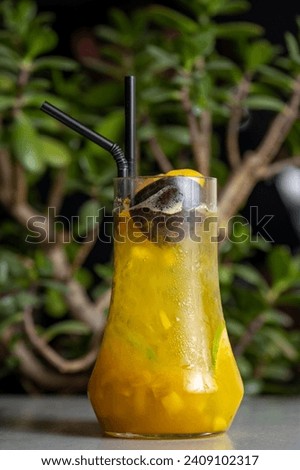 Refreshing orange cocktail in a glass with a straw on the bar counter