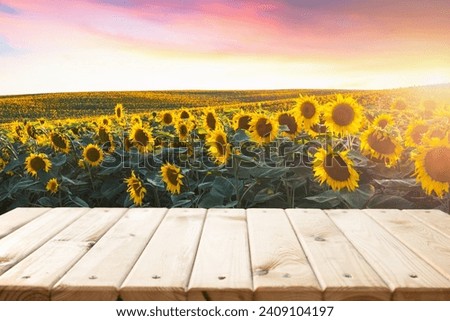 Empty wooden table with blurred Sunflower Background. High quality photo
