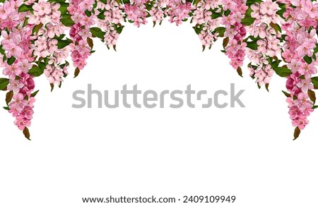 Spring flower arrangement Festive frame border of pink apple tree flowers isolated on white background. Design element for creating postcard, wedding cards and invitation. Overlay background.