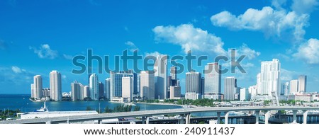 Sunny sky of Miami. City buildings and skyline.