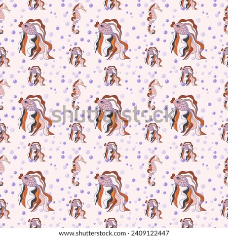 Seamless pattern with goldfish, seahorses. The underwater world.