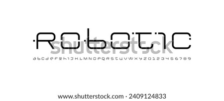Technical wide thin future font, digital cyber alphabet, trendy letters A, B, C, D, E, F, G, H, I, J, K, L, M, N, O, P, Q, R, S, T, U, V, W, X, Y, Z and numerals 0, 1, 2, 3, 4, 5, 6, 7, 8, 9, vector i Royalty-Free Stock Photo #2409124833