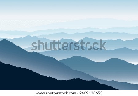 Vector horizontal panoramic landscape with blue silhouettes of misty mountains and hills Royalty-Free Stock Photo #2409128653