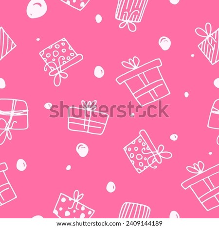 Vector.Gifts Doodle Pattern .Line Art. Hand drawn drawing of gift box with ribbon bow.Love.Women.For Valentine's Day and other Holidays. Template for your design works.
  Festive . EPS 10