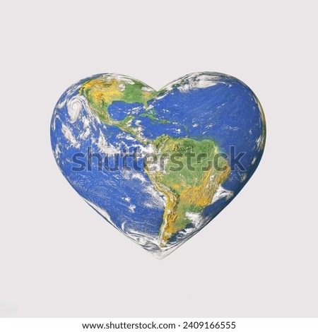 Planet Earth in the shape of heart, isolated pastel white background. Earth Day card. Minimal concept of travel, tourism, sustainability, love, ecology. World provided by NASA.