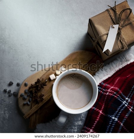 top view winter hygge elements with cup hot chocolate. Resolution and high quality beautiful photo