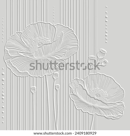 Textured emboss 3d lines poppy flowers striped artistic pattern. Floral embossed  white background. Modern vector backdrop. Line art  flowers, leaves, stripes. hand drawn surface poppies ornaments. Royalty-Free Stock Photo #2409180929