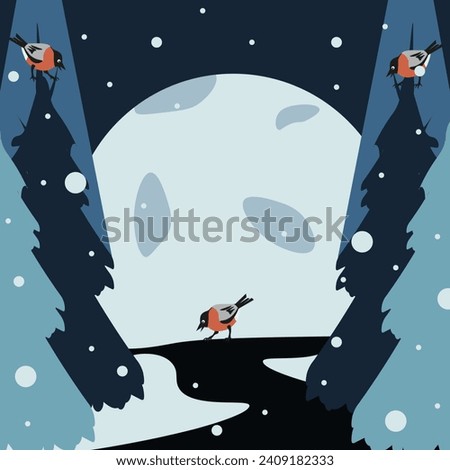 Winter clip art with Bullfinches in forest. Design Christmas card cover in trendy retro style. Winter landscape with birds. Vector illustration can used children books paint and t-shirt print.