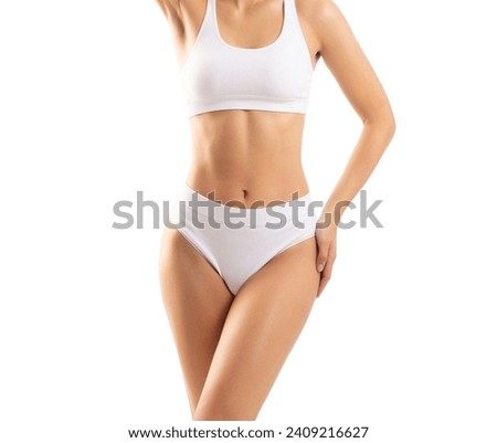 Perfect body of young and beautiful woman in swimsuit isolated on white. Weight loss, diet, sport and fitness concepts. Royalty-Free Stock Photo #2409216627