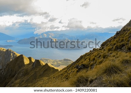 PANORAMIC TOP VIEW LANDSCAPE, BLUE WATER MOUNTAIN AND SKY BACKGROUND