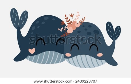 Valentines day clipart. Valentines whales in cartoon flat style. Kids Valentines illustration.