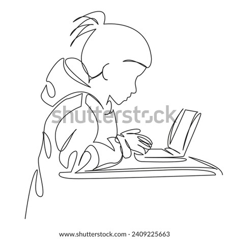 One continuous single drawing line art flat doodle laptop, girl, computer, internet, young, happy, technology. Isolated image hand draw contour on a white background, hand drawn, not AI
