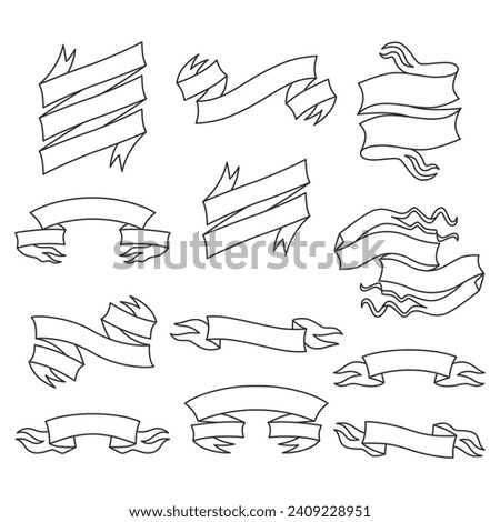 Set of ribbons banners line art black and white. Design elements for greeting cards, banners, invitations. Sketch, vector illustration.