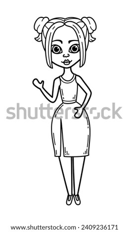 Coloring page girls doll line art. Woman in evening dress. Hand drawn illustration.