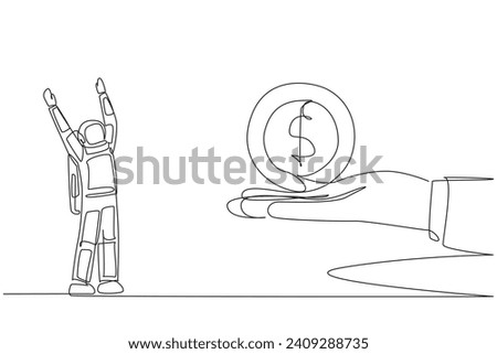 Continuous one line drawing astronaut excited to get dollar symbol coin from a giant hand. Gold money. Cash. Space mission success. Cosmonaut outer space. Single line draw design vector illustration