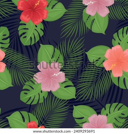 Beautiful seamless Summer Vacation pattern on dark blue background. Summer plants, vector hand drawn style, Design for fashion, fabric, textile, and prints. Seamless pattern in swatches