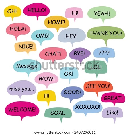 Set of color speech bubbles Short Phrases. Cartoon Vector illustration. Isolated on transparent white background. Hand draw style, dialog clouds.