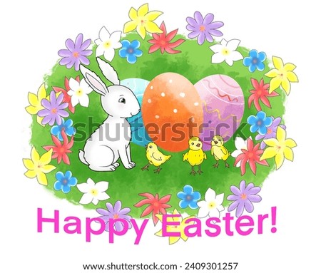 Happy Easter. Bunny,  eggs and chickens 