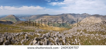 Panorama looking down from Lingmell to Wasdale with Setallan, Yewbarrow and Pillar on the sjyline, Lake District, UK Royalty-Free Stock Photo #2409309707