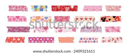 Collection of Washi tapes for Valentine's Day. Colorful scrapbook strips, sticky labels with hearts and flowers. Vector.