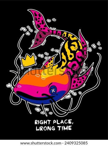 colorful fish with crown and text