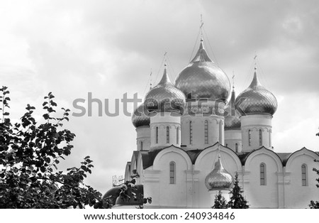 View of the Assumption Church in Yaroslavl, Russia. A popular touristic landmark. Black and white photo.