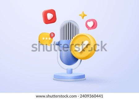 3d microphone with voice for announce promotion in background. mic record for music singing and audio or podcast minimal concept. 3d mic icon vector render illustration for alert and announcement