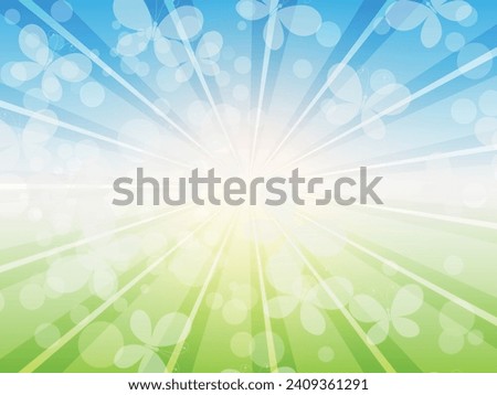 Vector spring frame with blue sky, green  grass and sunburst with white butterflies and bokeh effect