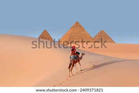Camels in Giza Pyramid Complex - A woman in a red turban riding a camel across the thin sand dunes - Cairo, Egypt Royalty-Free Stock Photo #2409371821
