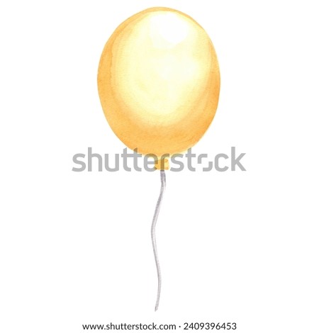 Watercolor illustration of yellow balloon. Template of festive accessories for birthday and kids party decoration isolated. Hand drawn clipart for invitation, card, wedding holiday background, sticker