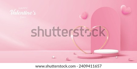 Happy valentines day and stage podium decorated with heart shape. pedestal scene with for product, cosmetic, advertising, show, award ceremony, on pink background and light. vector design. Royalty-Free Stock Photo #2409411657