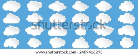 Set of clouds. Cloud icon.Abstract white clouds set isolated on blue background.Cloud symbol or logo, different clouds set.Simple cute cartoon design. Realistic elements.Flat style vector illustration