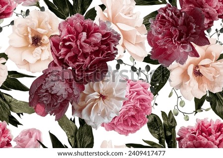 Floral seamless pattern. Blooming garden flowers peonies, roses. Flower background. For decoration packaging, interior, fabric, textile, paper, wallpaper, wedding.