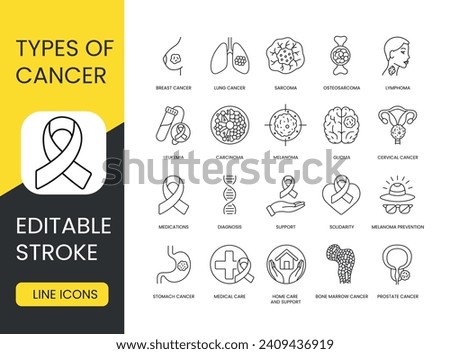 Types of cancer set vector line icons with editable stroke. Osteosarcoma and Lung Cancer, Lymphoma and Sarcoma, Breast Cancer and Glioma, Carcinoma in situ and Cervical Cancer, Melanoma and Leukemia Royalty-Free Stock Photo #2409436919
