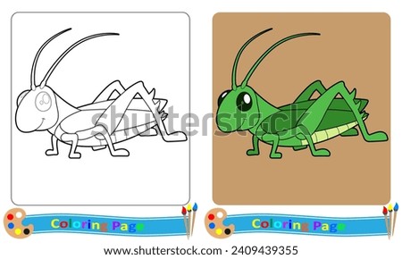 Coloring book. Grasshopper coloring page for children. Teaches colors and animals. Vector format.