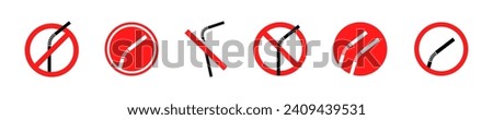 Set of no plastic straws vector icons. Ban or forbidden straw. Royalty-Free Stock Photo #2409439531