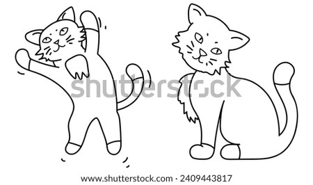 Cat element set of hand drawn outline vector illustrations. Cat jumping, Cat sitting.